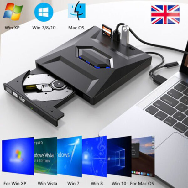7-in-1 External USB 3.0 DVD/CD RW Writer Drive – Burner, Reader, Player for Laptop/PC