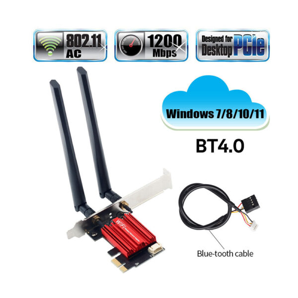AC1200 WiFi 5 PCI-E Wireless Bluetooth Adapter – Desktop PC Internal Card, 802.11AC